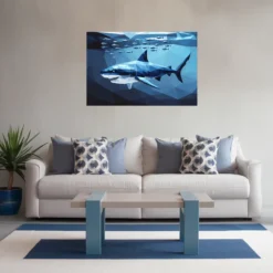 Blue minimalistic living room decor featuring bull shark artwork