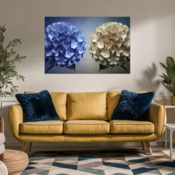 Beige and blue themed small living room wall decor-hortensia artwork