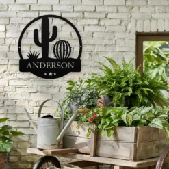 Black steel Cacti Outdoor Metal Sign Art personalize text