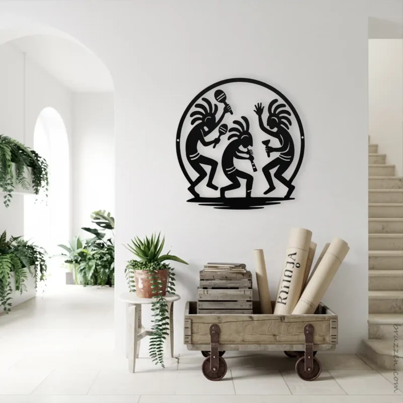 Black metal Kokopelli dance wall hanging indoor entryway