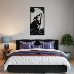 Black moonlit wolf metal wall art bedroom