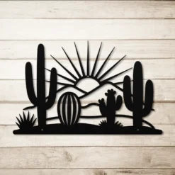 Black steel desert landscape sunburst metal wall art