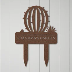 Brown metal barrel cactus garden sign art-custom text