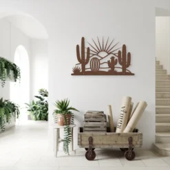 Brown desert landscape sunburst outdoor metal wall art entryway