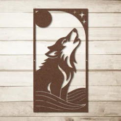 Brown metal moonlit wolf wall art tall vertical