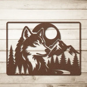 Brown powder coated steel wildlife wall hanging: wolf, moonlit mountain and trees