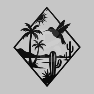 Desert oasis metal wall art with palms trees, cacti-and hummingbird for in/outdoor spaces