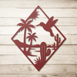 Red desert oasis palms cacti metal wall art