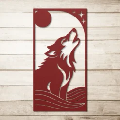 Red metal moonlit wolf wall hanging tall vertical rectangle orientation