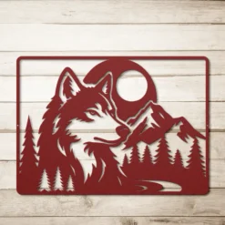 Red metallic wildlife wall art wolf, mountain and pine forest