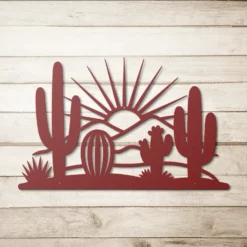Red powder coated steel desert landscape sunburst outdoor wall art