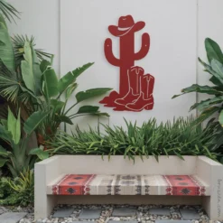 Red metal cowboy with hat and boots cactus patio wall art