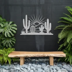 Silver colored desert landscape sunburst metal exterior wall decor