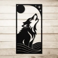 Vertical tall black steel moonlit wolf wall art