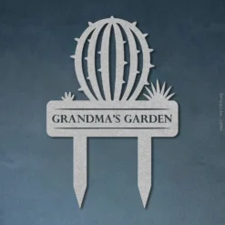 Silver metal barrel cactus garden custom text sign