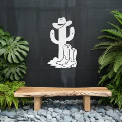 White steel whimsical cowboy cactus hat and boots outdoor wall art