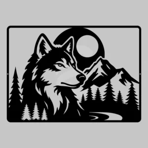 Double exposure wildlife metal wall art: Wolf, Pines trees & Moonlit Mountain