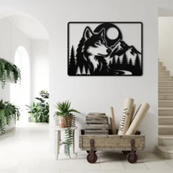 Double exposure wildlife wolf, pines and mountain-metal wall art entryway