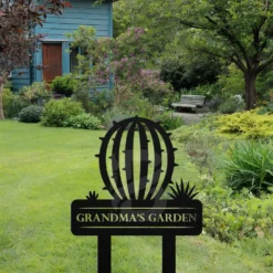 Black steel customizable metal barrel cactus garden sign art-outdoor