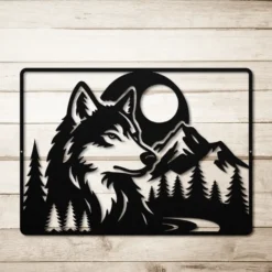 black steel wildlife art: wolf, pine trees and mountain
