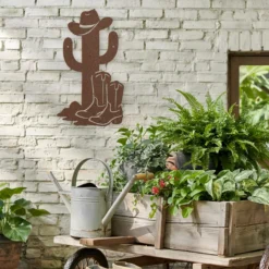 cowboy cactus brown steel cutout art outside garden wall art