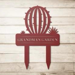 Red metal barrel cactus custom garden sign