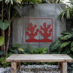 Red prickly pear cactus outdoor metal art