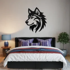 Abstract wolf metal art above bed master bedroom modern decor
