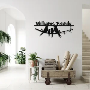 Black Steel Custom Family Name Sign with Birds