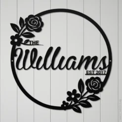 Black Steel Floral Circle Family Name Est Date Sign