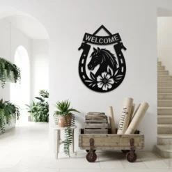 Black Steel Floral Horseshoe Welcome Sign Entryway
