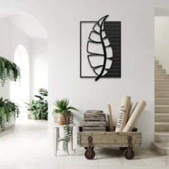 Black contemporary geometric leaf Metal wall art indoor