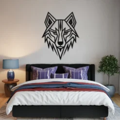 Black metallic geometric wolf head wall hanging masculine bedroom