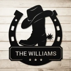 Black personalized name horseshoe boot metal sign