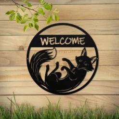 Black playful metal fox welcome sign weather proof outside