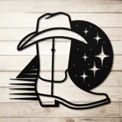 Black powder coated steel western nights cowboy boot hat line art