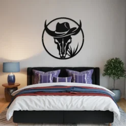 Black steel cowboy bull skull metal wall art male bedroom