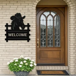 Black steel cowboy horse welcome sign entryway decor