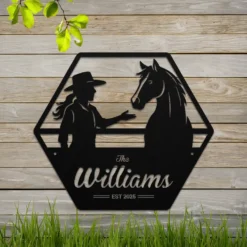 Black steel custom cowgirl name and established date sign ranch decor