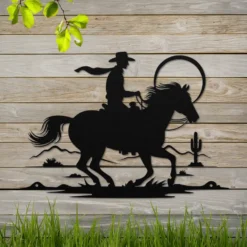 Black steel modern western cowboy desert horse ride wall art: outdoor