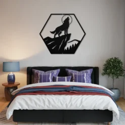 Black wolf howling at moon metal wall art above bed master bedroom decor