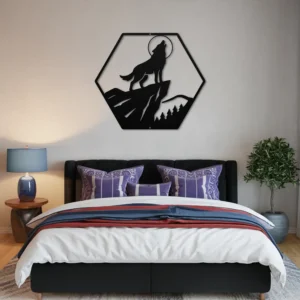 Black wolf howling at moon metal wall art above bed master bedroom decor