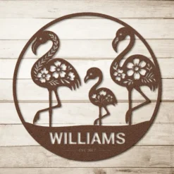 Brown Custom Flamingo Family Metal Sign Wall Hanging