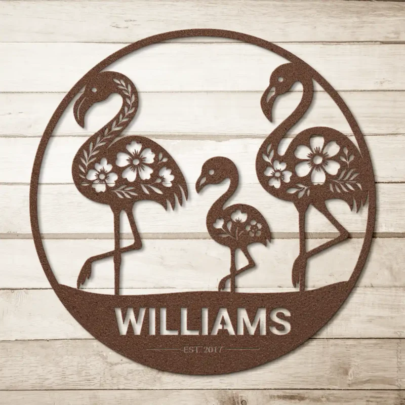 Brown Custom Flamingo Family Metal Sign Wall Hanging