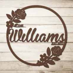 Brown Floral Circle Family Name with Established Date Metal Sign
