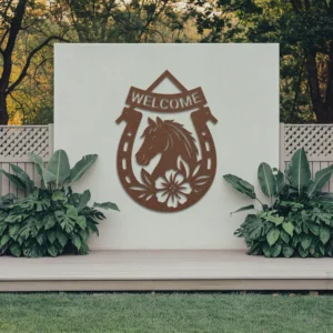 Brown Weatherproof Metal Floral Horseshoe Art Welcome Sign Outside Decor