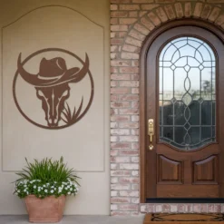 Brown cowboy bull skull metal wall art Western entryway decor