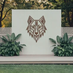 Brown geometric wolf head metal wall art outdoor display