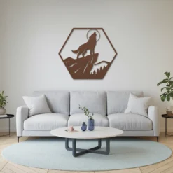 Brown hexagon framed wolf howling at moon metal living room wall art