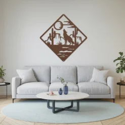 Brown howling coyote metal wall art living room neutral colors